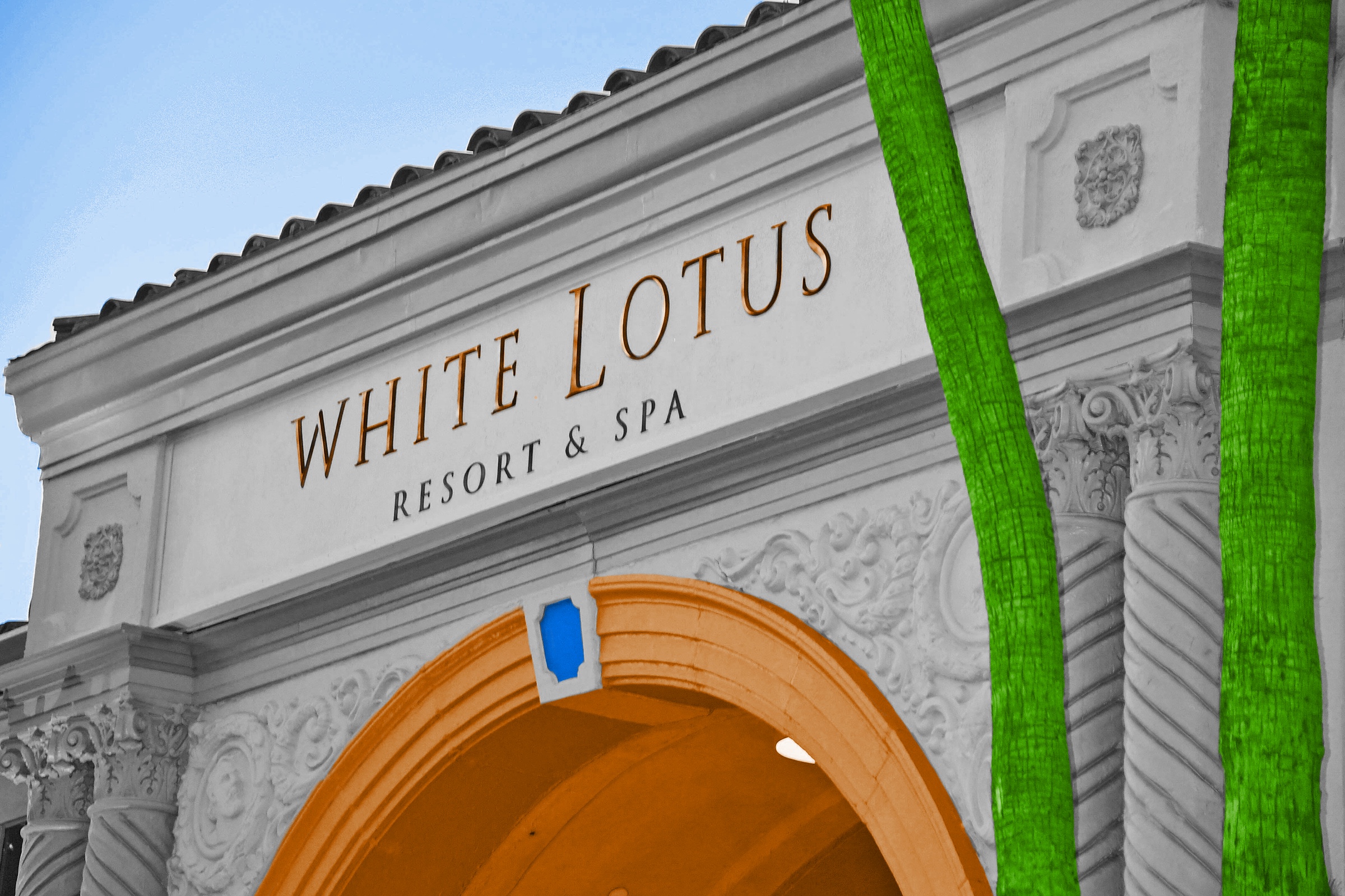 Arch with "White Lotus Resort & Spa" written on it