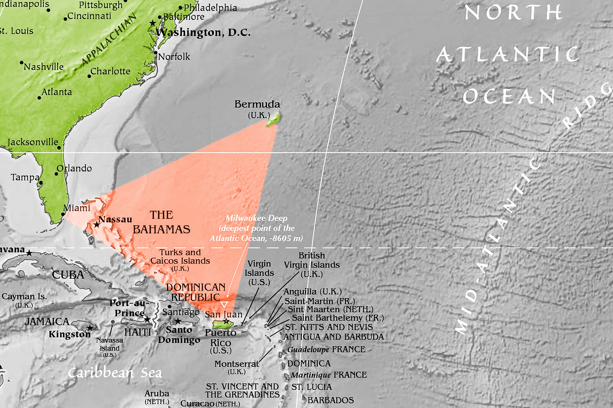 The Bermuda Triangle marked out on a map