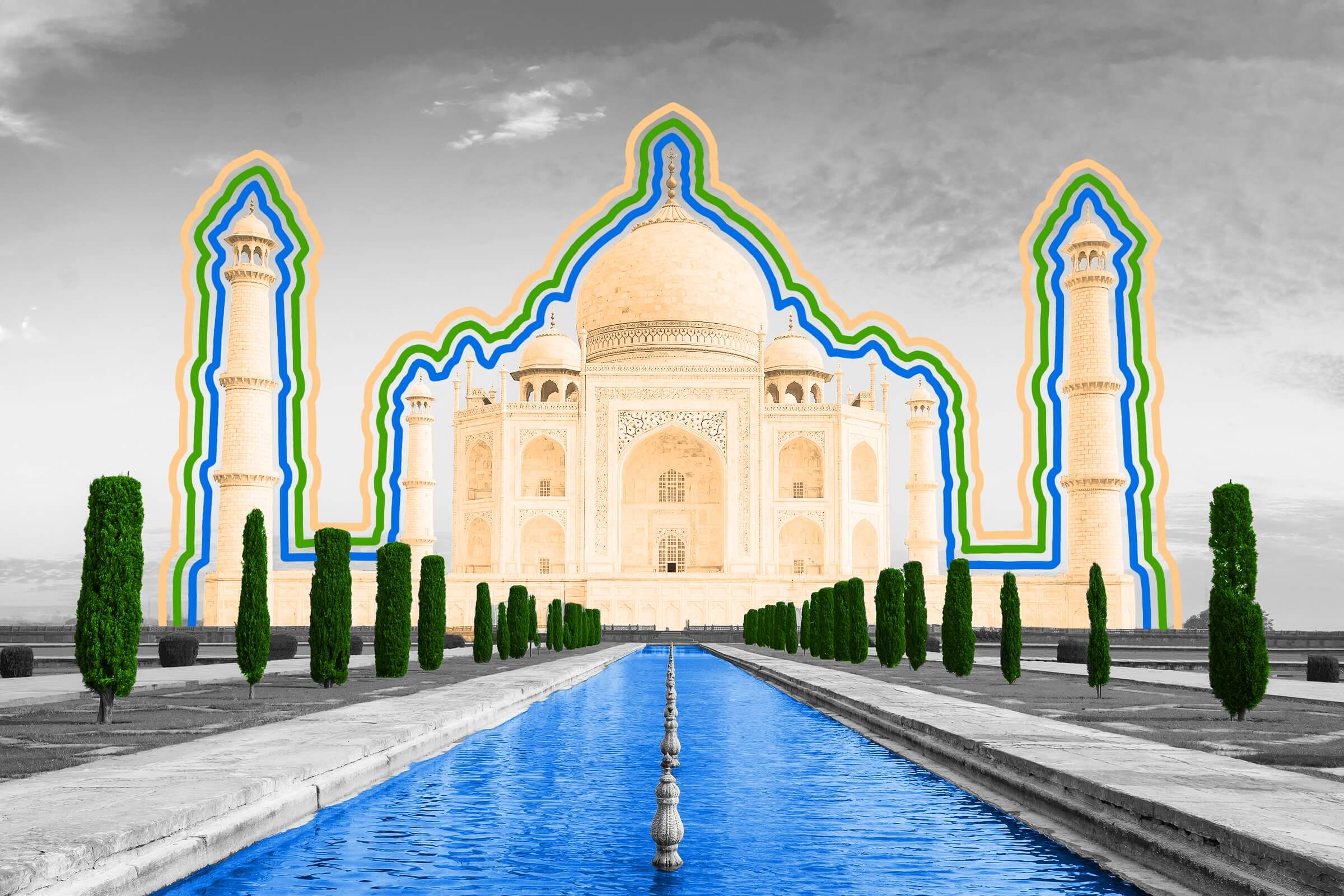 The Taj Mahal appears to change color throughout the day.