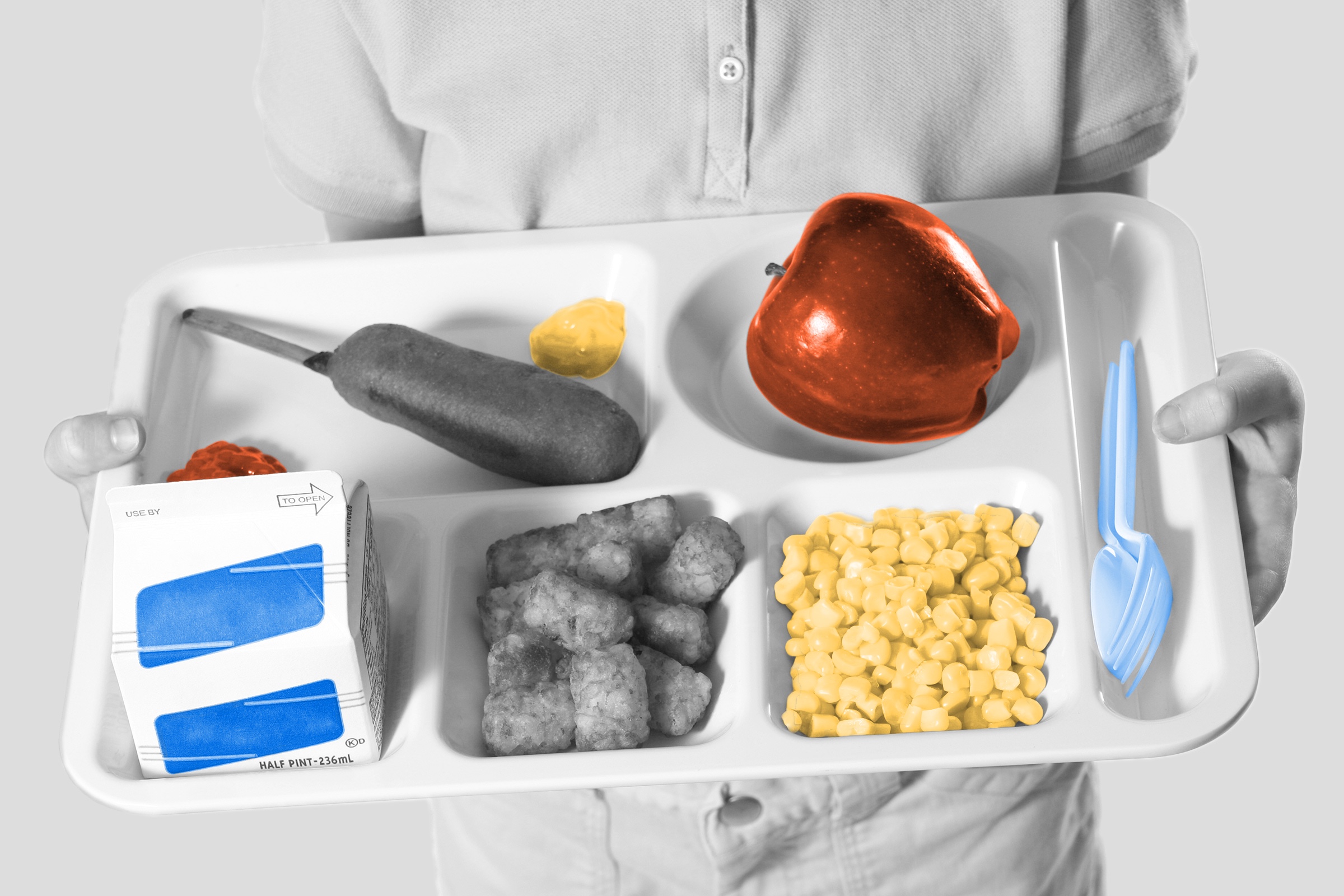 School lunch tray with milk carton, corndog, tater tots, apple, and corn