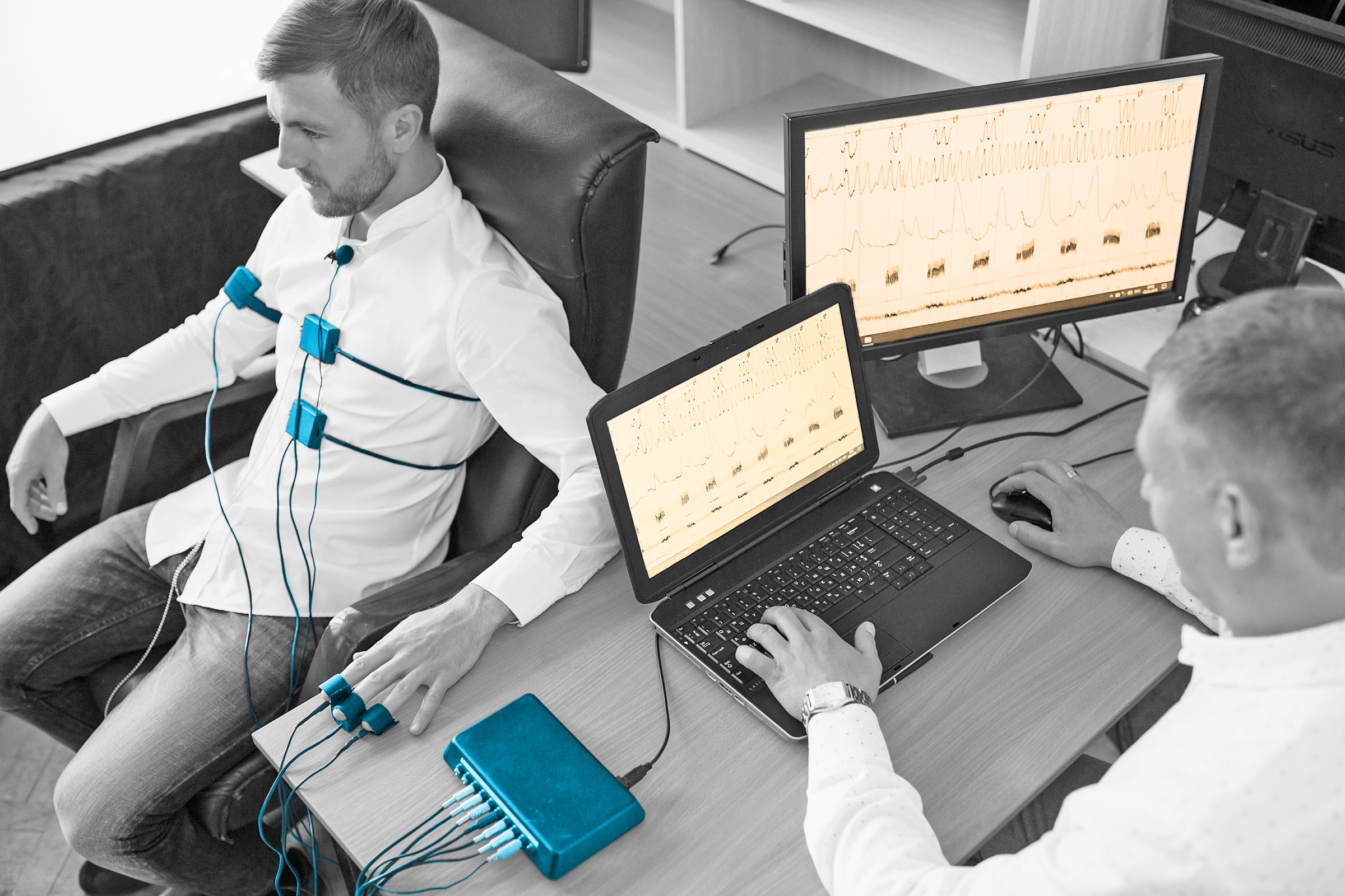 Man undergoing a polygraph test