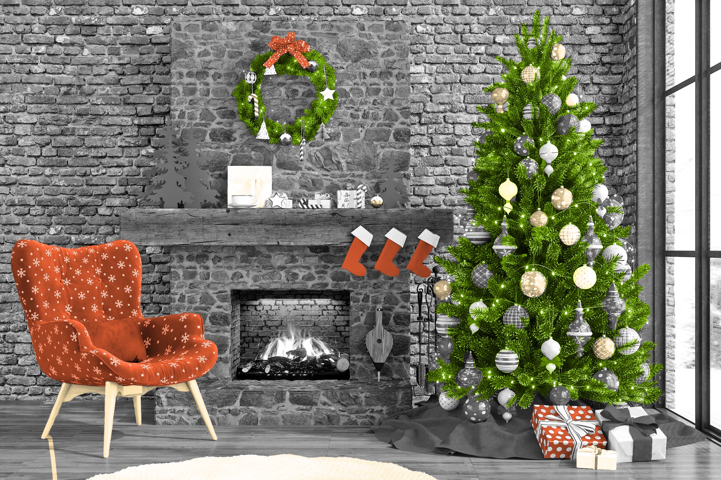 Christmas tree and various decorations surrounding a fireplace