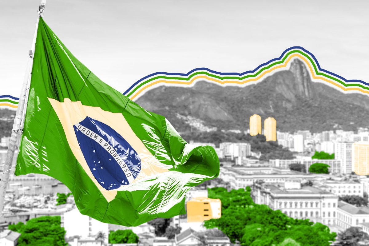 Brazilian waving flag on Rio de Janeiro, Brazil