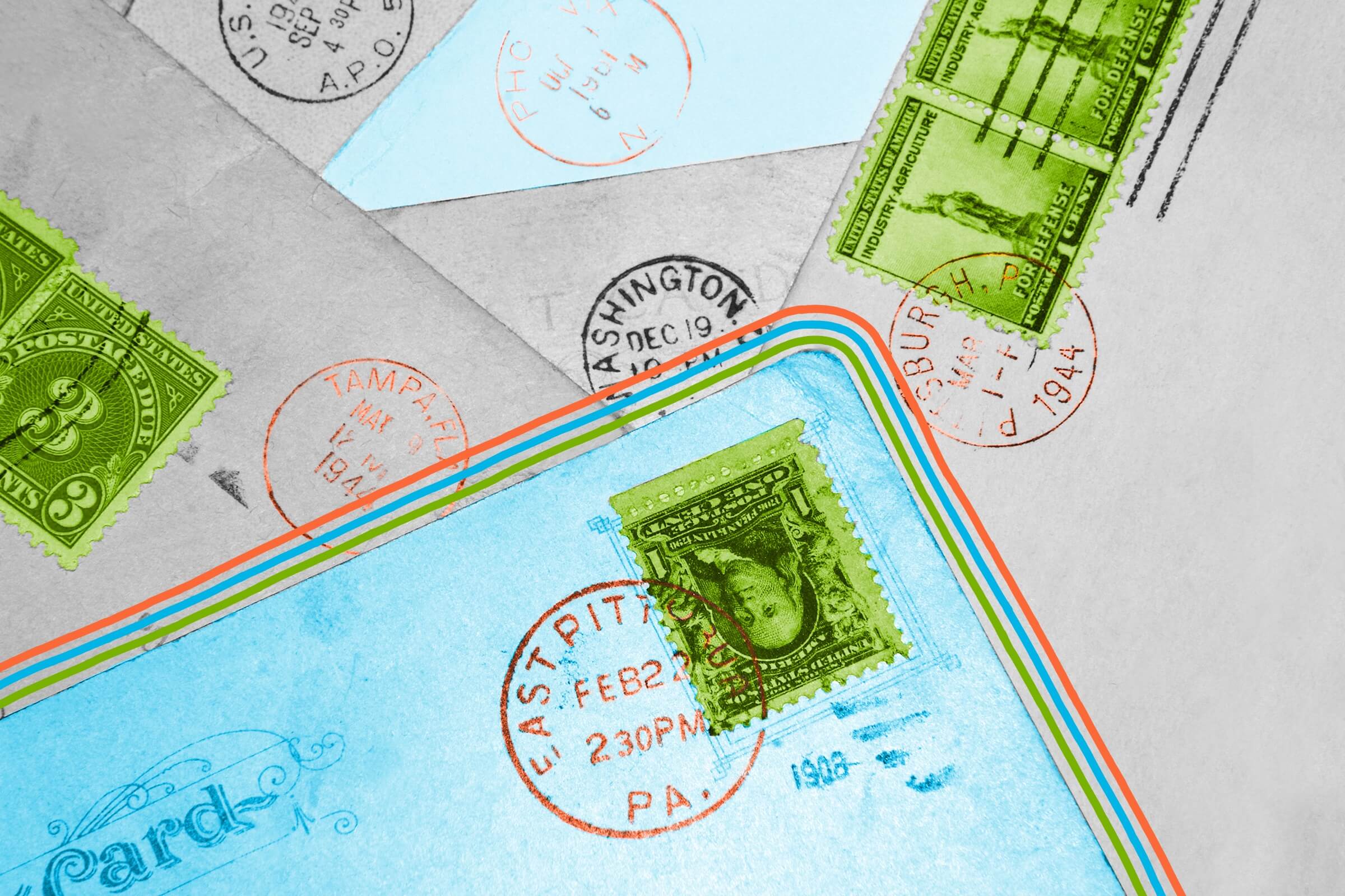 Close-up of old postmarked mail