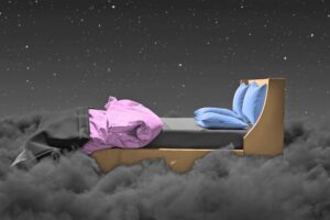 Bed surrounded by clouds and stars