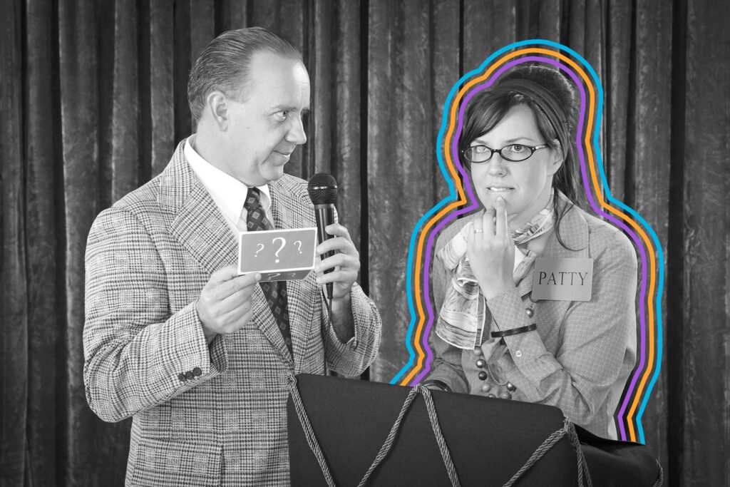 Game show contestant thinking of answer while presenter waits