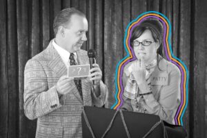 Game show contestant thinking of answer while presenter waits