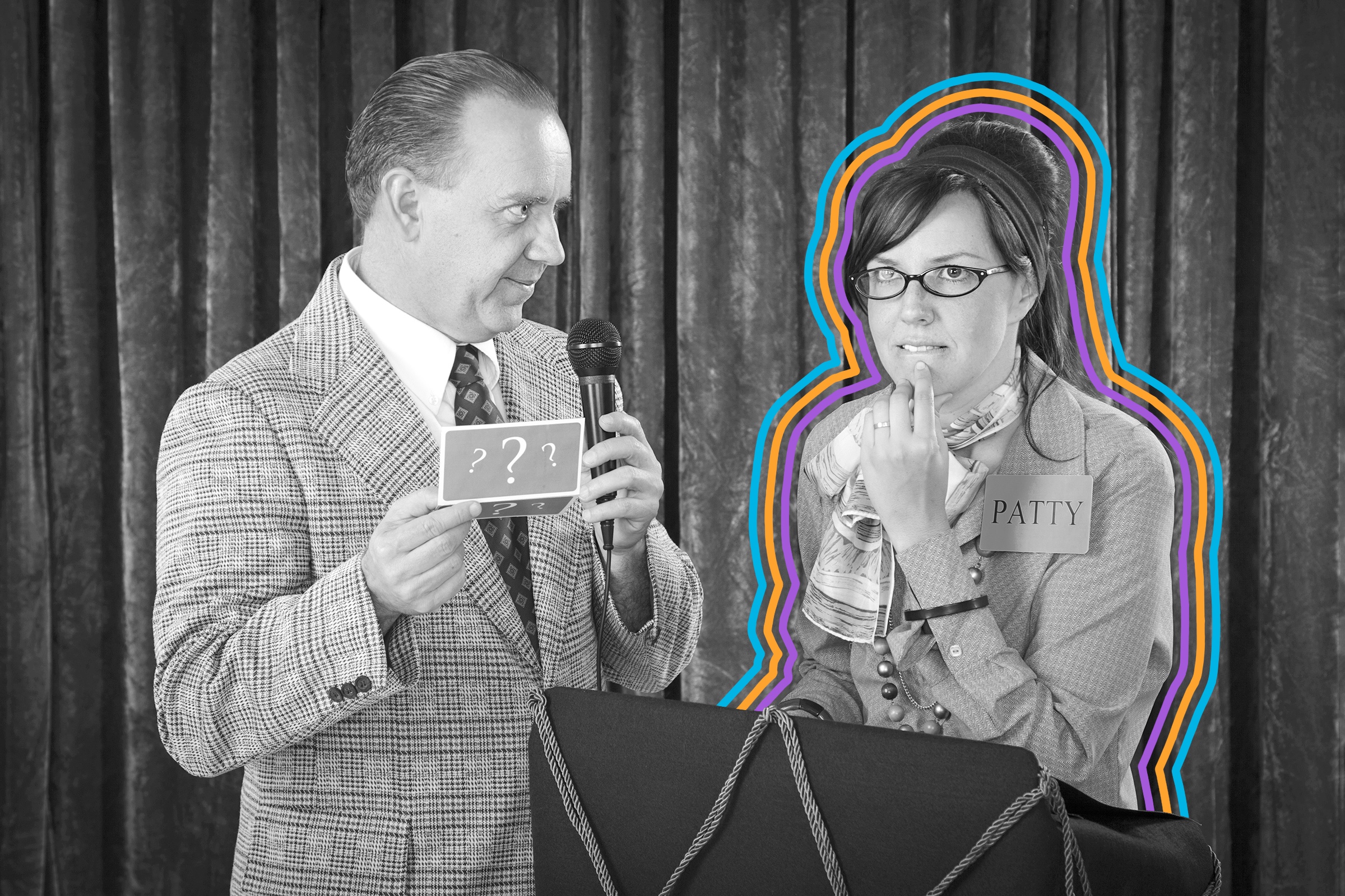 Game show contestant thinking of answer while presenter waits