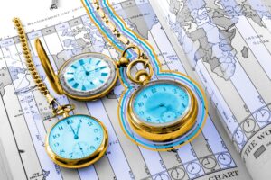Pocket watches on a time zone world map