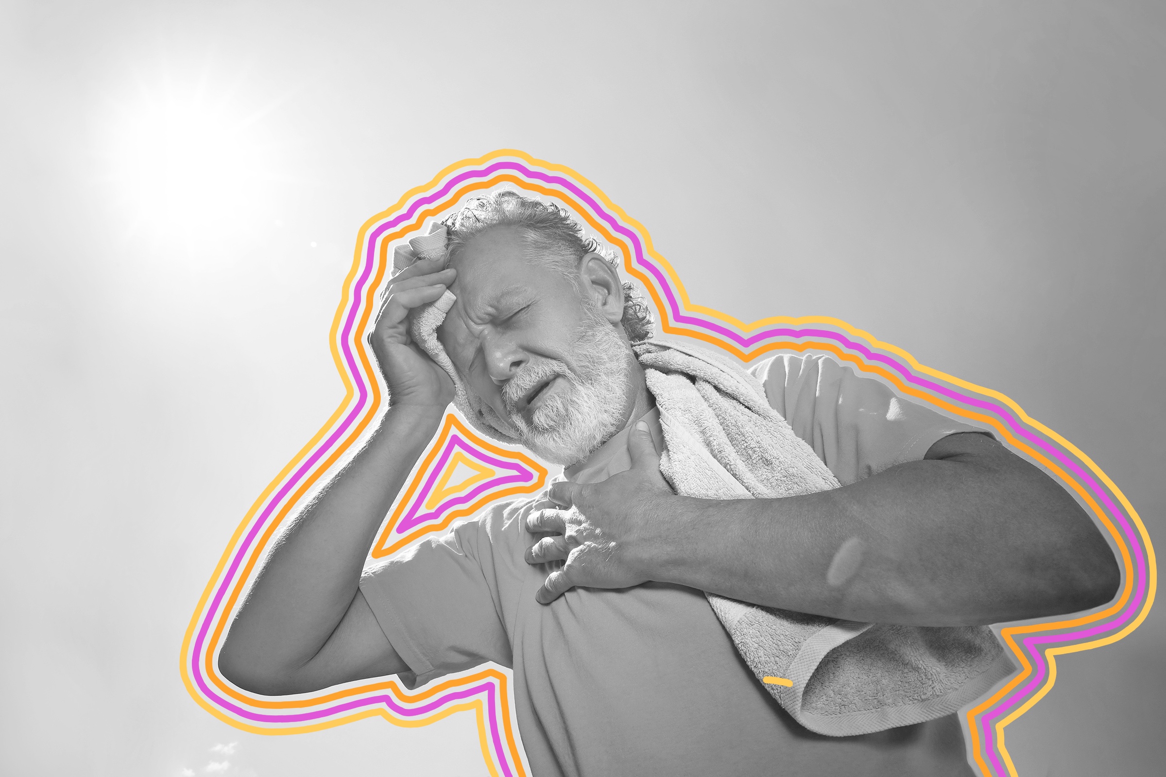 Older man feeling unwell and patting forehead with towel under the sun