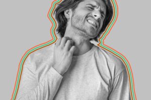 Uncomfortable man scratching at neck