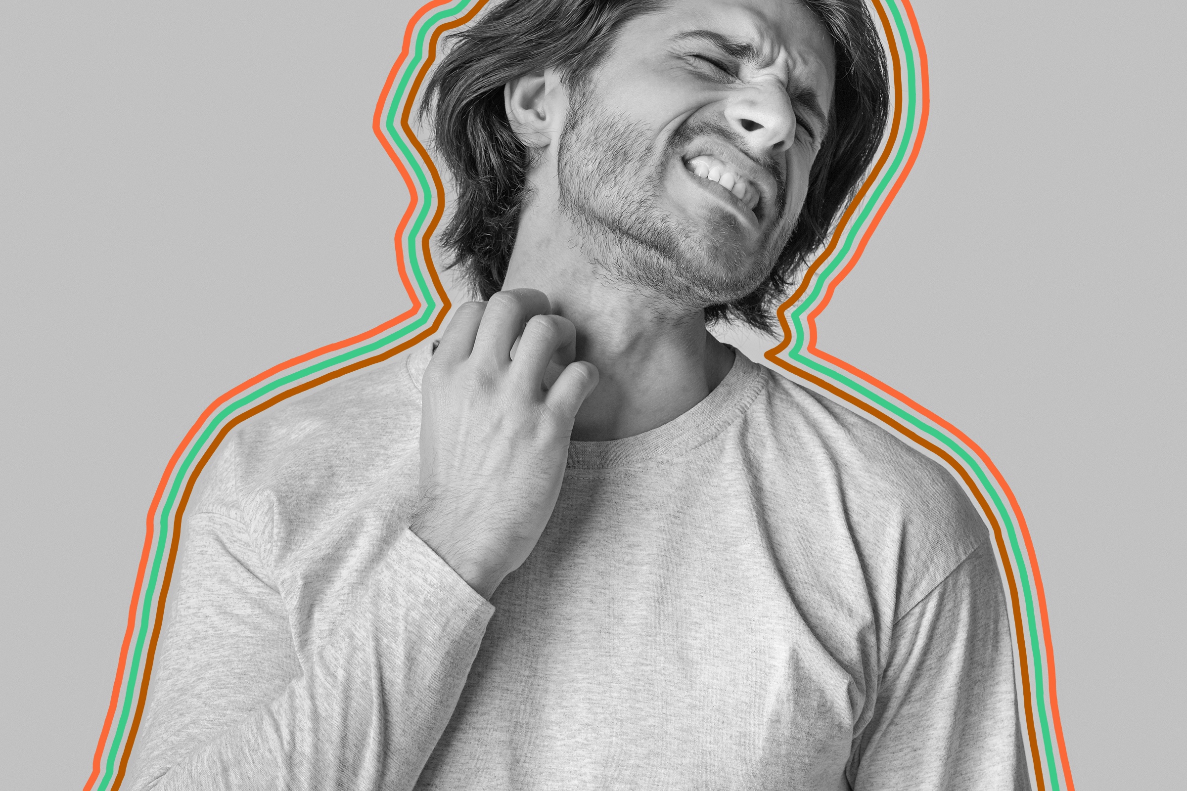 Uncomfortable man scratching at neck